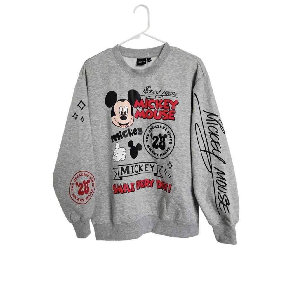 Disney Mickey Mouse Gray Crewneck Sweatshirt L Graphic Sleeve Print Fleece NEW